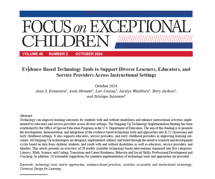 Evidence-Based Technology Tools to Support Diverse Learners, Educators, and Service Providers Across Instructional Settings